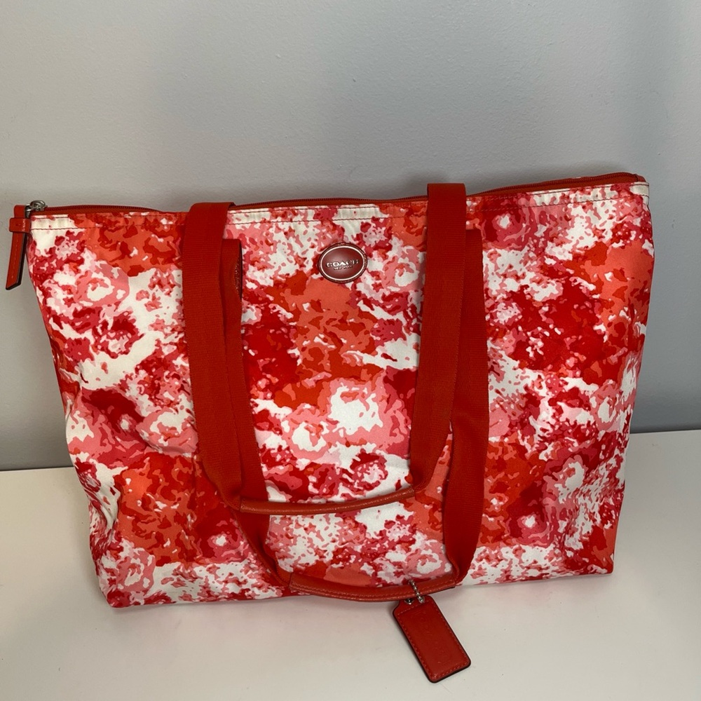 Coach Getaway nylon packable weekender tote red and pink floral w/small pouch